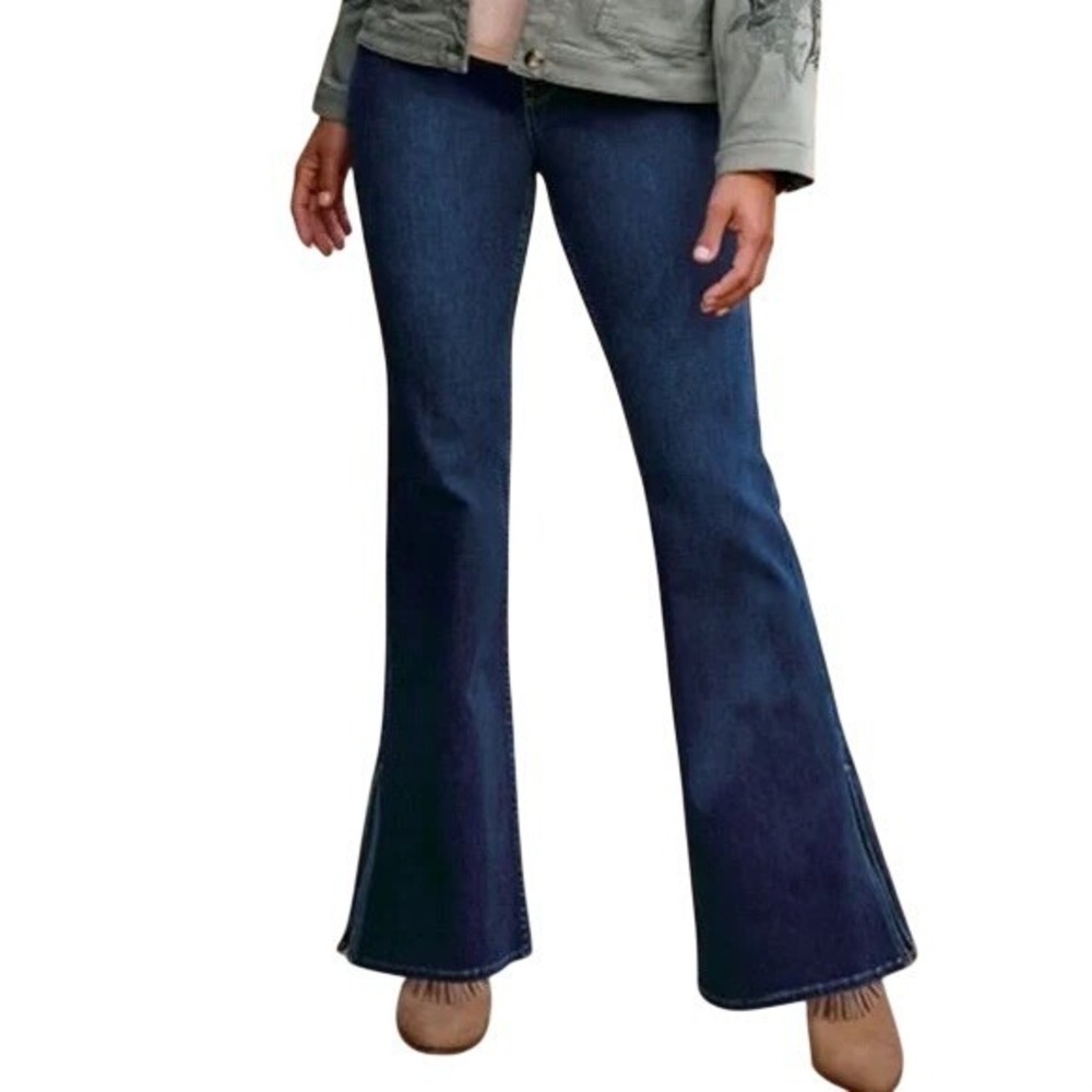 Soft Surroundings Flare Leg Jeans Dark Wash Split‎ Hem Elastic Waist Women XS/4
